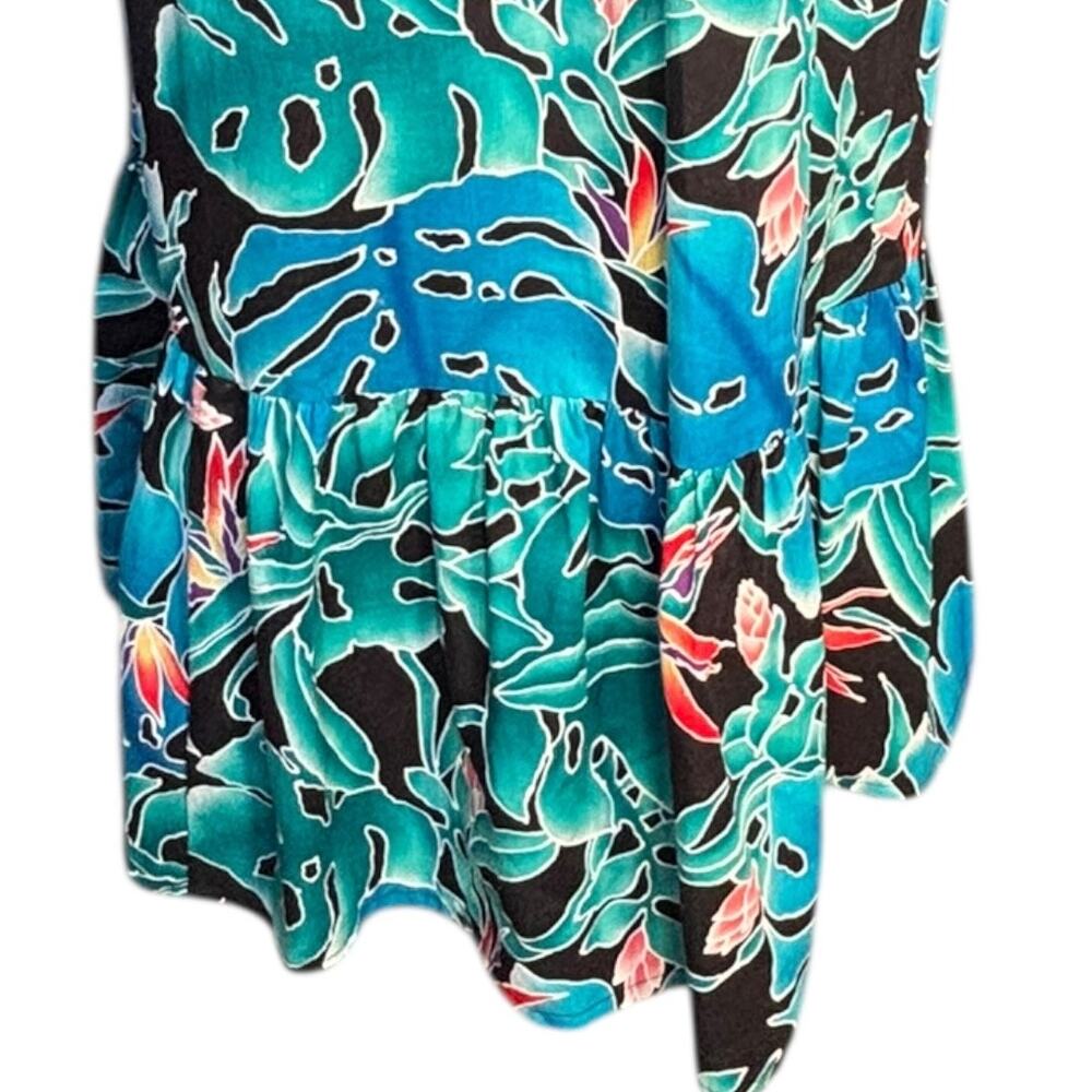 Hilo Hattie Hawaiian Dress Teal Tropical Leaf Cotton Ruffle Off Shoulder Muumuu - Picture 4 of 12